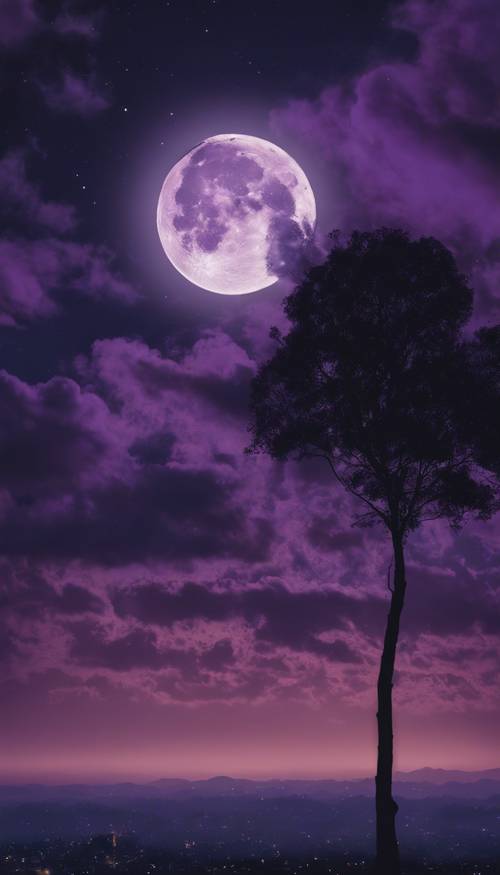 A tranquil midnight scene with a large full moon casting a dark purple hue over the clouds.
