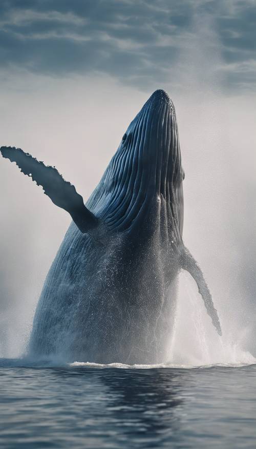 A blue whale blowing out air in a spray of mist from its blowhole.