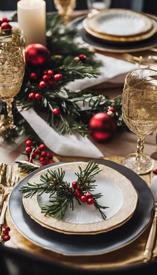 Elegante arranjo de mesa de Natal com pratos dourados, guardanapos xadrez e raminhos de azevinho.