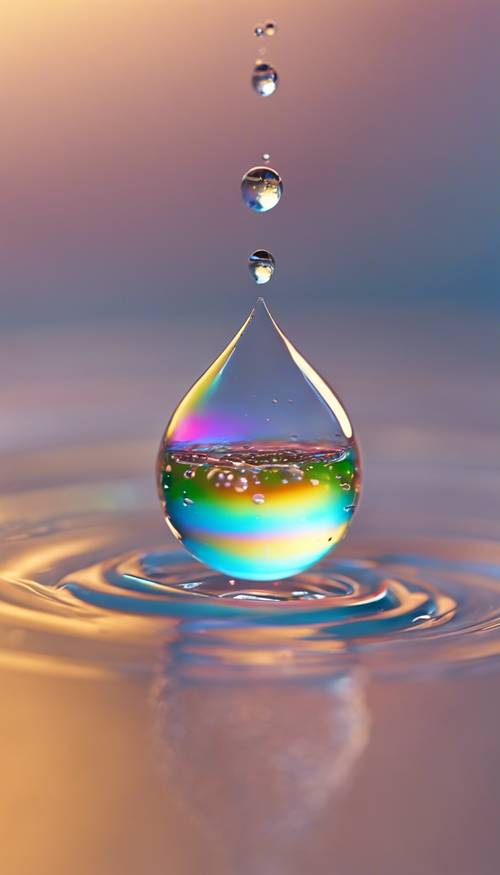 A close-up of a drop of water refracting light to create a tiny rainbow.