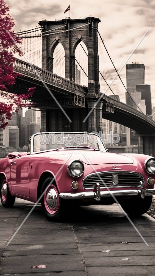 Pink Classic Car in City with Bridge in Background壁紙[6acd5368822b422abab6]