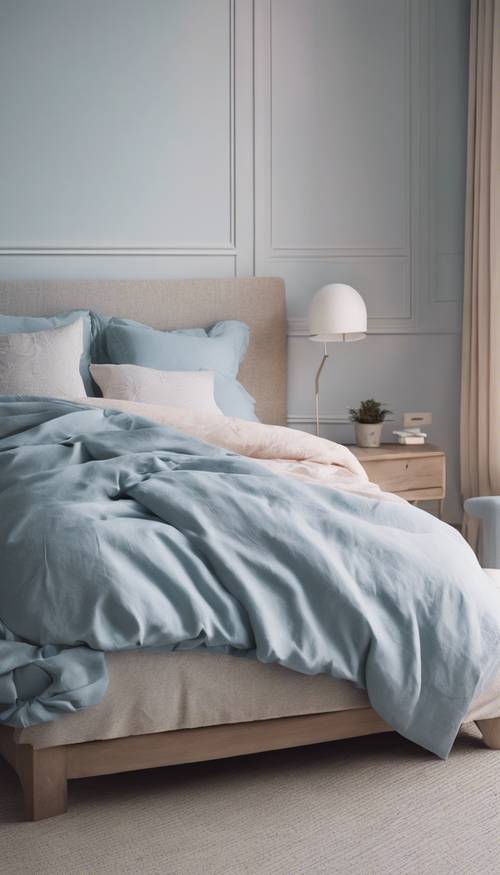 Sypialnia ze ścianami w jasnym pastelowym kolorze, wyposażona w pościelone łóżko z niebieską pościelą lnianą.
