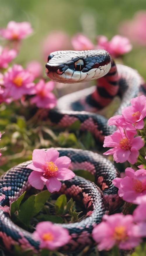 Uma cobra-do-leite explorando as flores rosas perfumadas em um prado de verão.