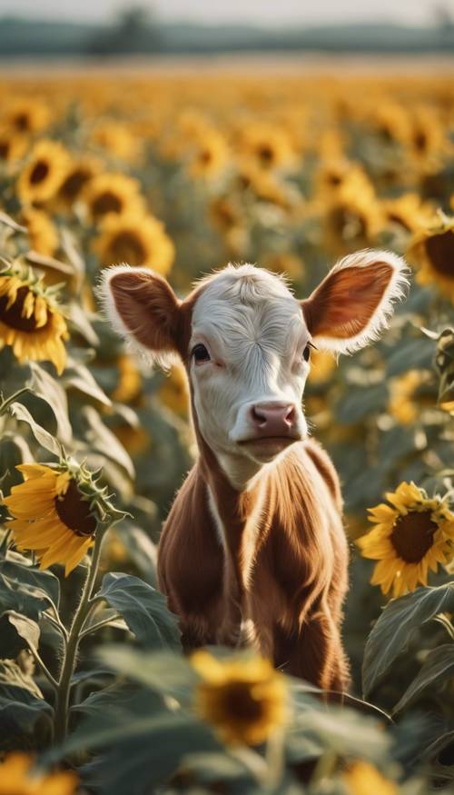 An adorable baby calf frolicking in a field full of bright yellow sunflowers.