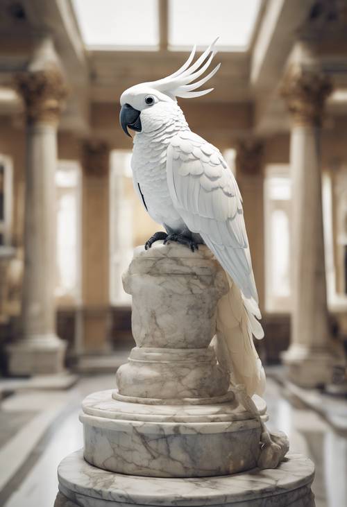 A vintage illustration of a cockatoo sitting on an ancient marble statue in a quiet museum.