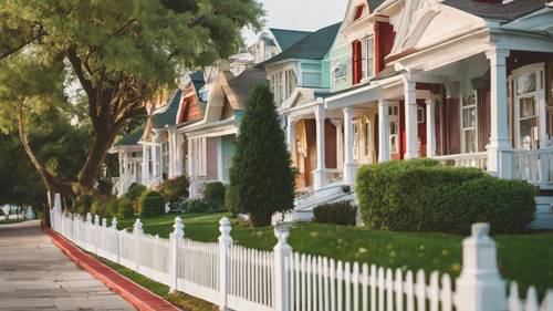 Uma fileira de casas em estilo colegial, com gramados verdejantes e cercas brancas.