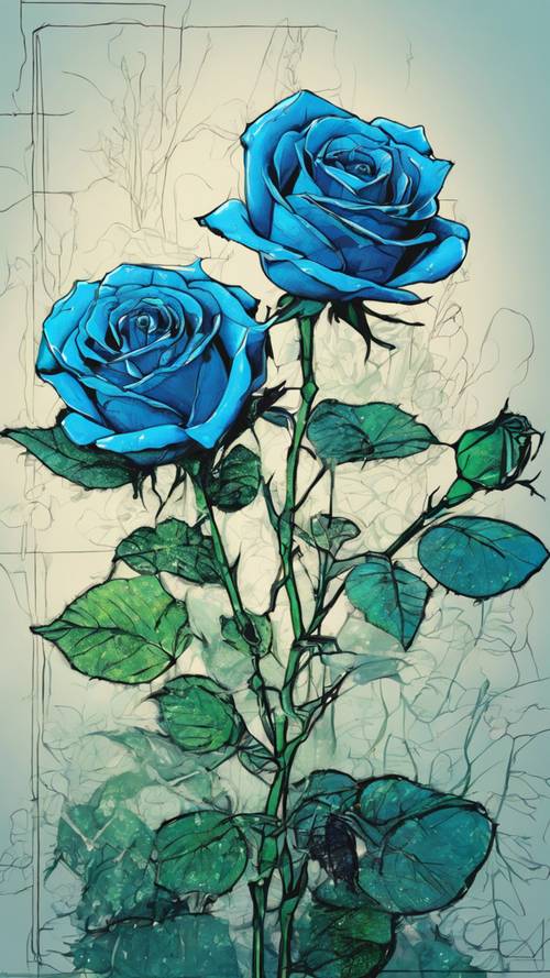 蓝色玫瑰和绿色茎的超霓虹波普艺术绘画。