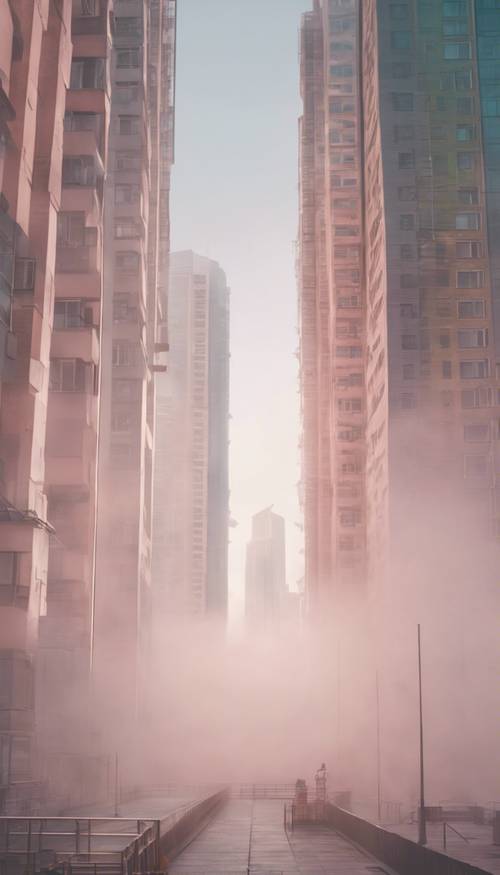 Stunning pastel-colored skyscrapers piercing the morning fog in a modern city.