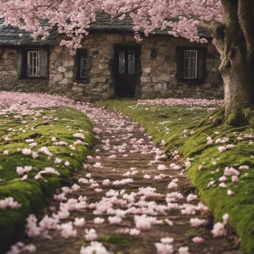 A charming forest path blanketed with fallen cherry blossoms leading to an old, ivy-covered stone cottage.