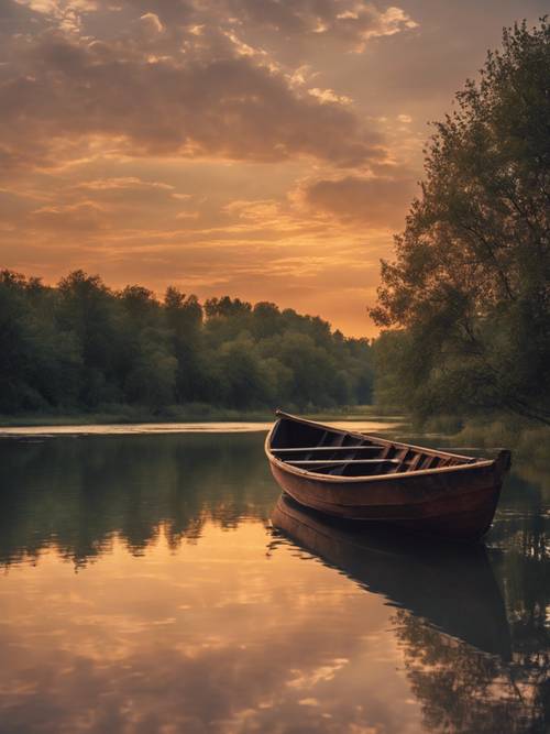 Ein wunderschöner Sonnenuntergang über einem ruhigen Fluss, auf dem lautlos ein einzelnes Boot dahintreibt.