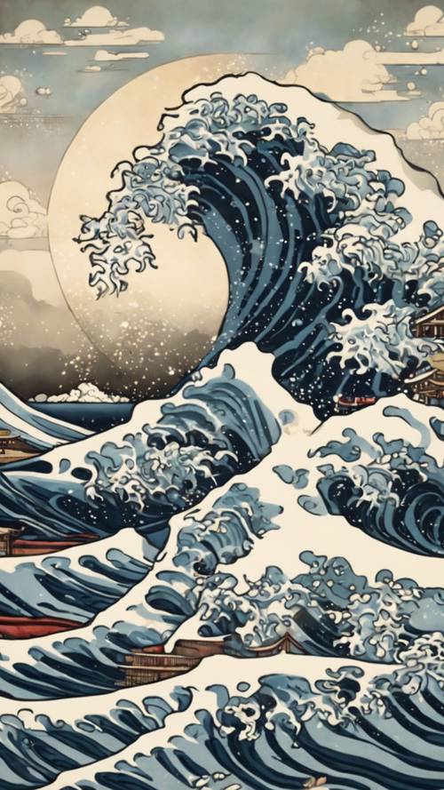 美しい浮世絵スタイルの日本の波の絵画