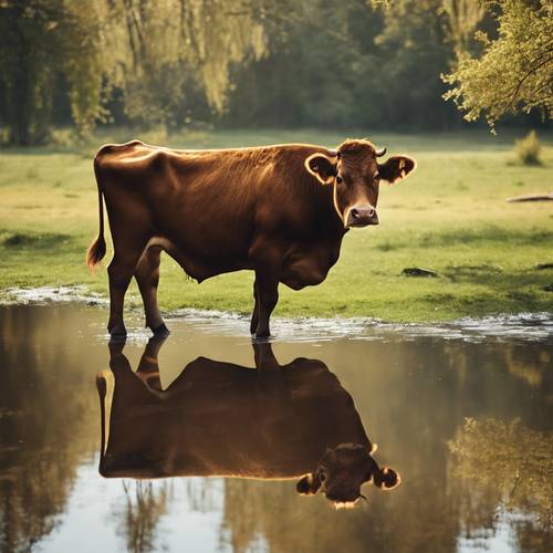 Una vaca marrón reflectante mirando hacia un estanque claro.