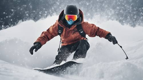 一位经验丰富的滑雪运动员全副装备，在猛烈的暴风雪中飞速滑下山。