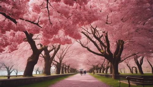 A park filled with red cherry blossom trees at the peak of spring.