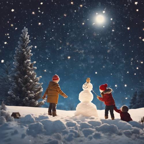 A vintage Christmas postcard scene of children building a snowman beneath a starry night sky.