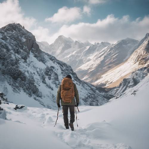 Um homem descolado usando uma parka, explorando uma cadeia de montanhas nevadas com uma mochila.