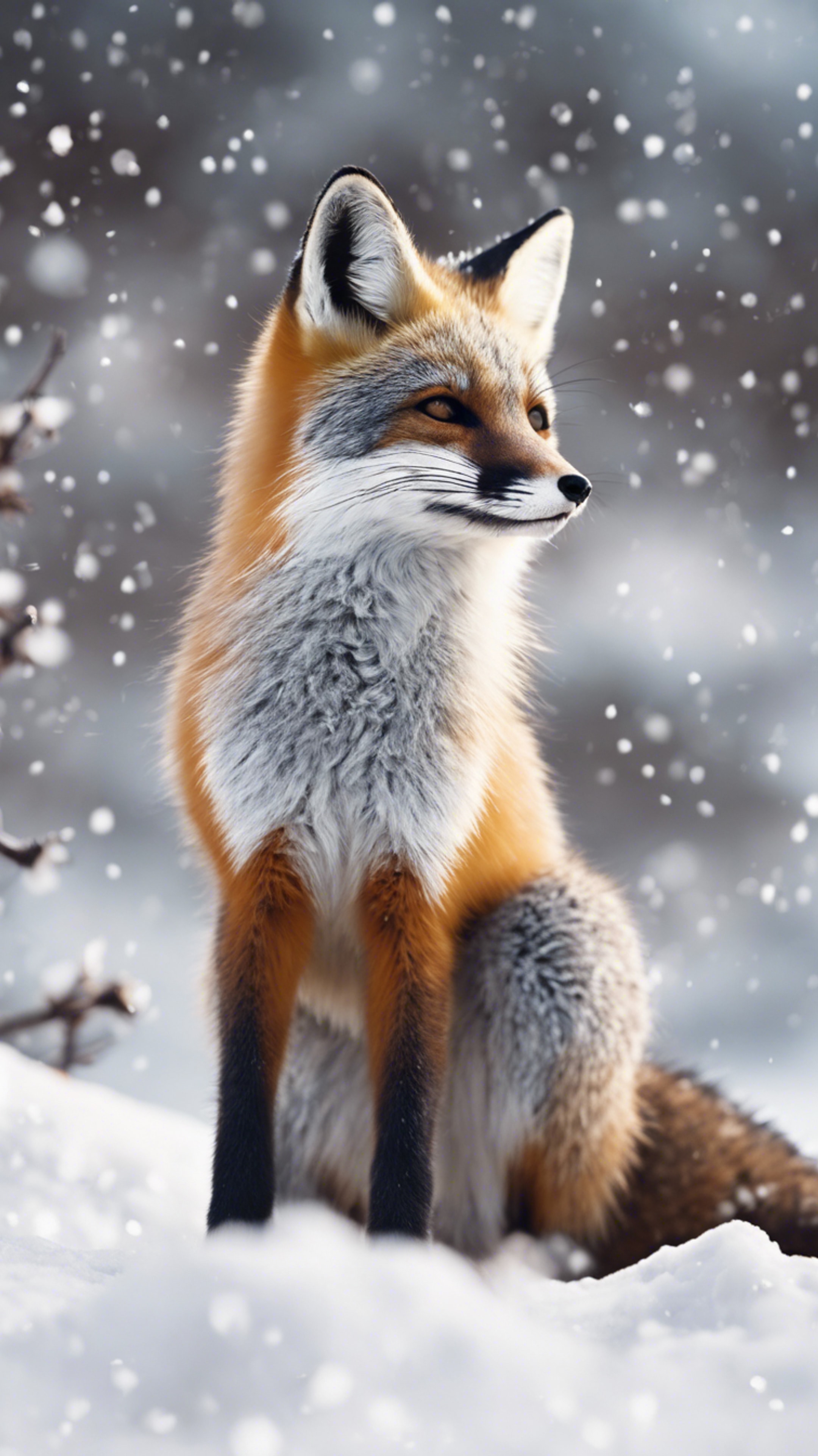A kawaii gray fox in snow, wagging its fluffy tail. Wallpaper[1556a6a351d3452e9ea4]