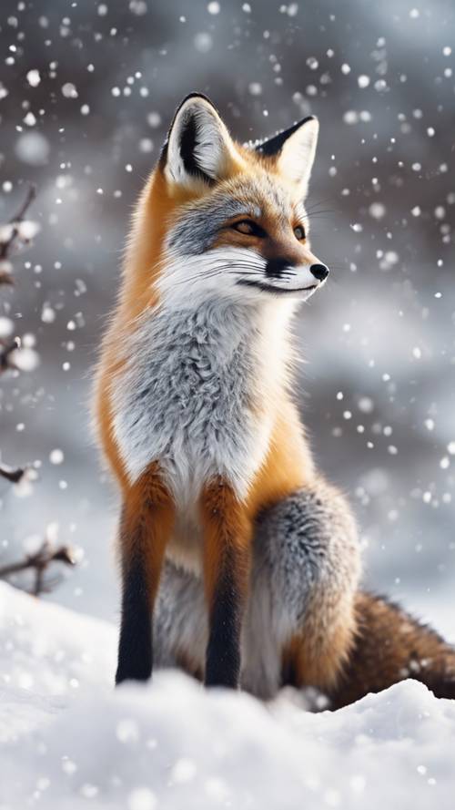 Un renard gris kawaii dans la neige, remuant sa queue duveteuse.