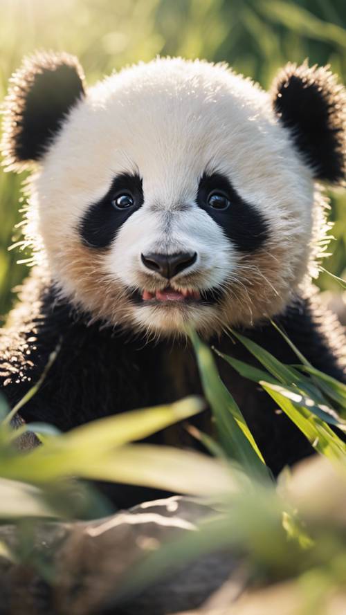 Seekor anak panda nakal dengan wajah lucu, di bawah sinar matahari musim panas yang hangat dan mengundang.