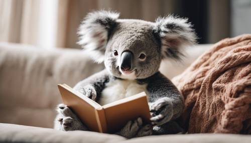 A young koala bear reading a book on a comfy sofa with a cozy blanket.