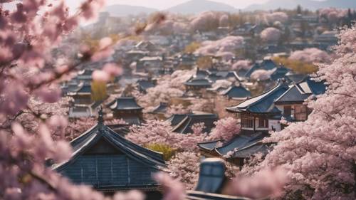 Спокойный панорамный весенний вид на город с цветущей сакурой.