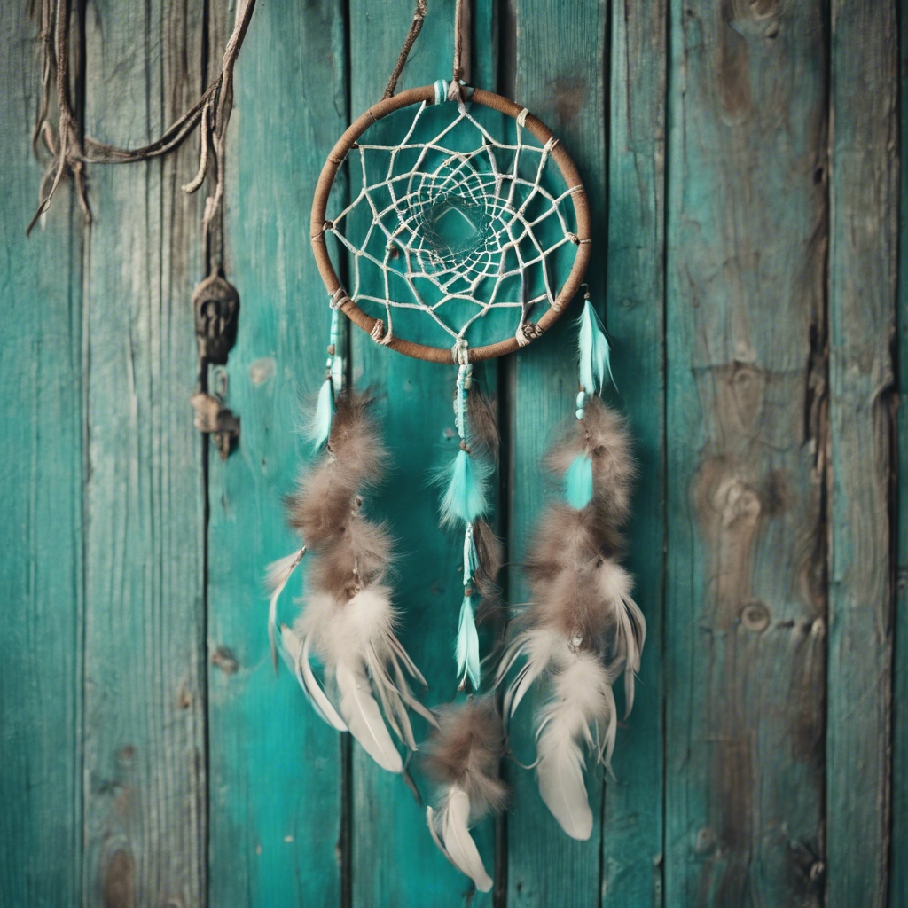 A turquoise dreamcatcher hanging against a rustic wooden wall. Tapet[4d75c98169d9434dbac4]