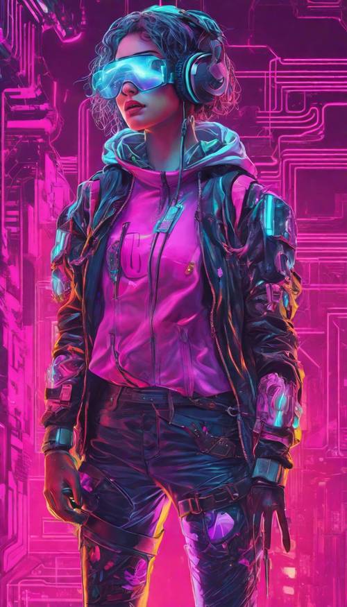 A young woman in cyberpunk fashion, scrolling holographic screens in mid-air.
