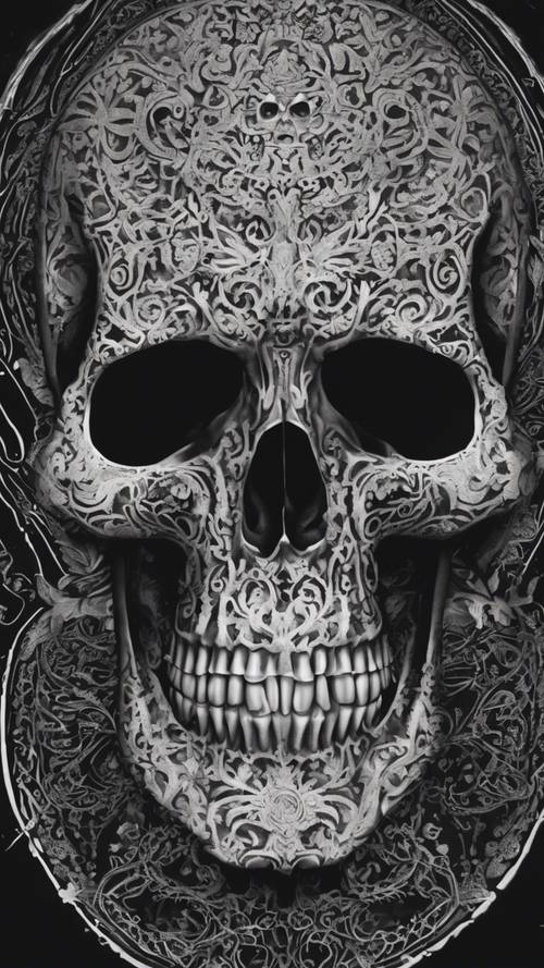A black skull with intricate white patterns etched across its surface. Tapet [96ec6ab6608b416192b8]