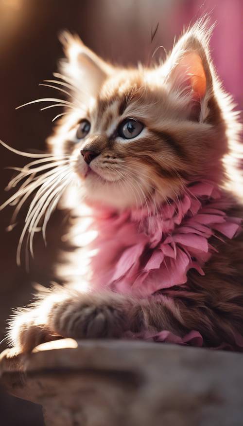 짙은 분홍색 털을 가진 푹신한 새끼 고양이가 햇빛 아래 앉아 있습니다.