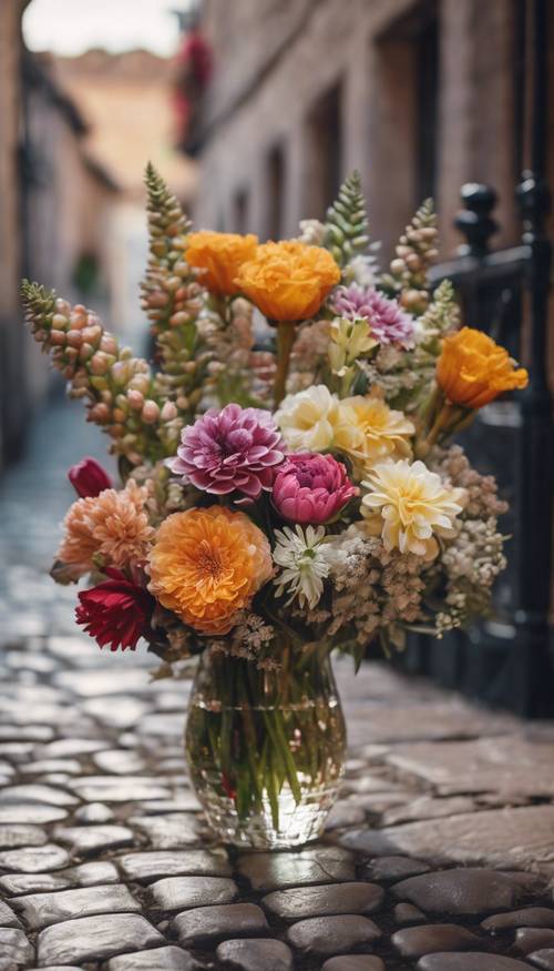 A bouquet of exotic flowers in a crystal clear vase sitting on a cobblestone pathway.