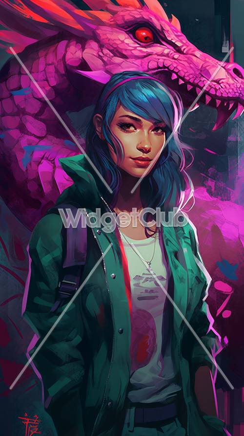 Colorful Digital Art of a Trendy Girl with Blue Hair