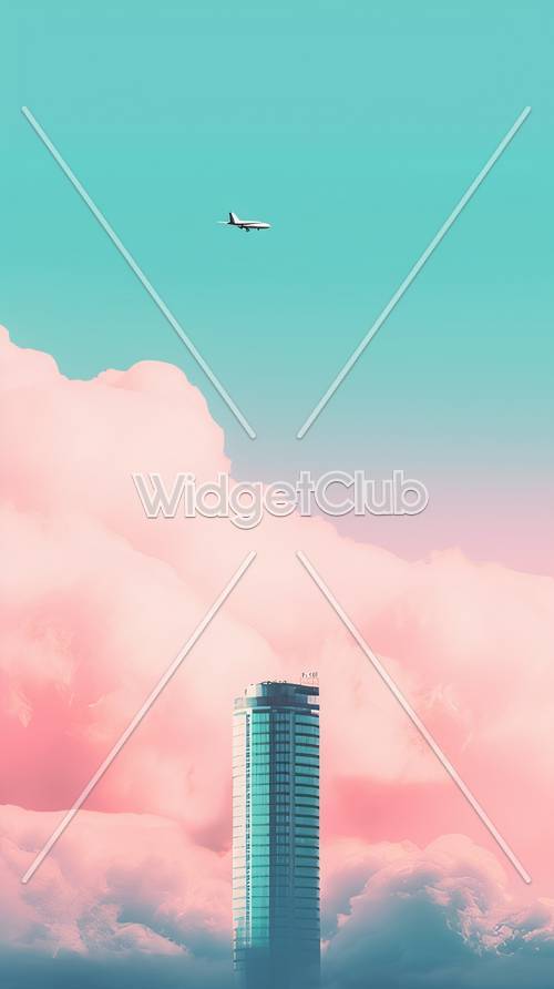 Aereo che vola sopra le nuvole rosa sopra il grattacielo