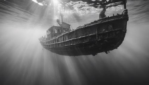 A black and white image of an old shipwreck lying submerged under calm ocean waves, dappled sunbeam piercing the water's surface.