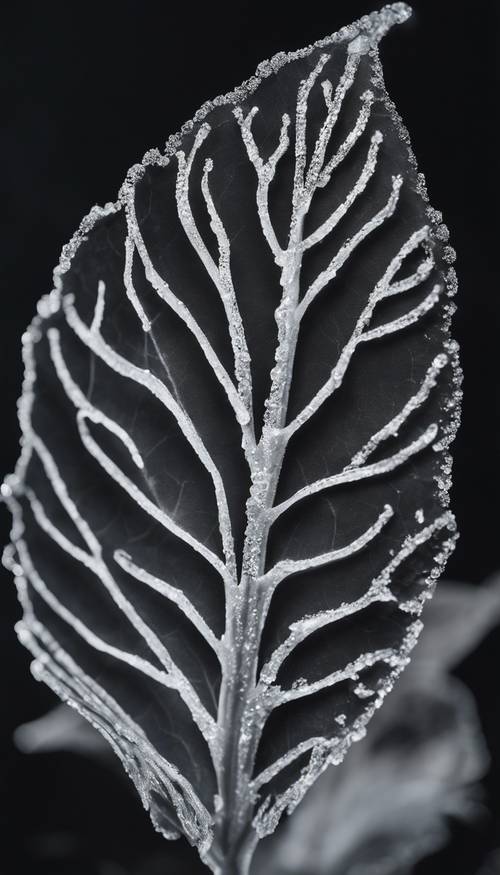 Abstrakcyjny obraz śnieżnobiałego liścia na kruczoczarnym tle.