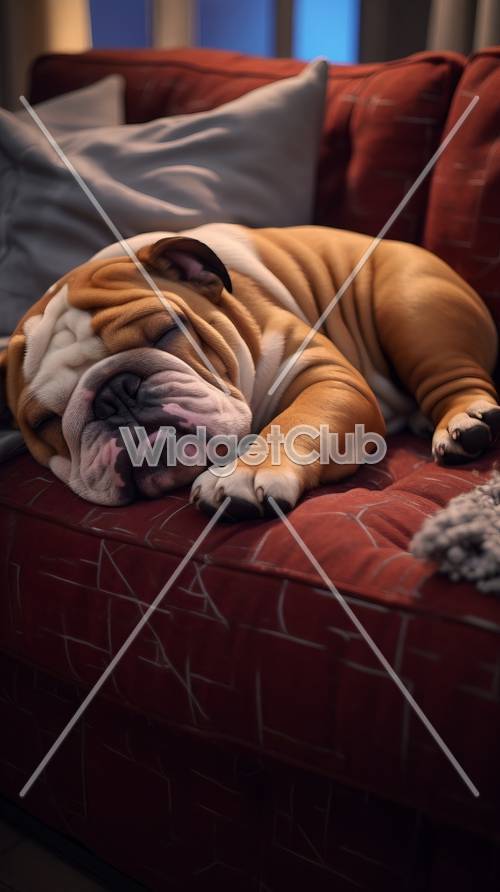 Bulldog soñoliento en un sofá acogedor