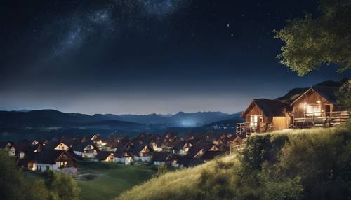 Ein tiefblauer Mitternachtshimmel mit glitzernden Sternen über einem ruhigen, schlafenden Dorf