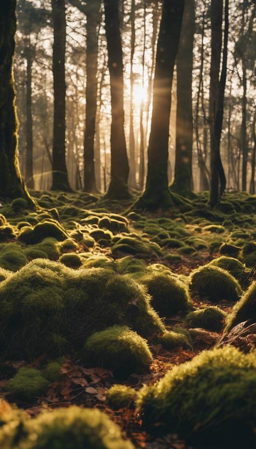 Sunset in a cool, ancient forest, with long shadows stretching through moss-covered trees.