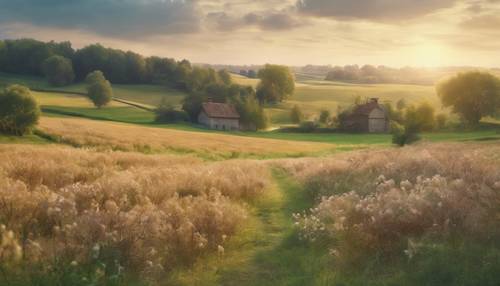 Una pintura postimpresionista de un campo tranquilo y apacible que representa sentimientos de soledad y calma.