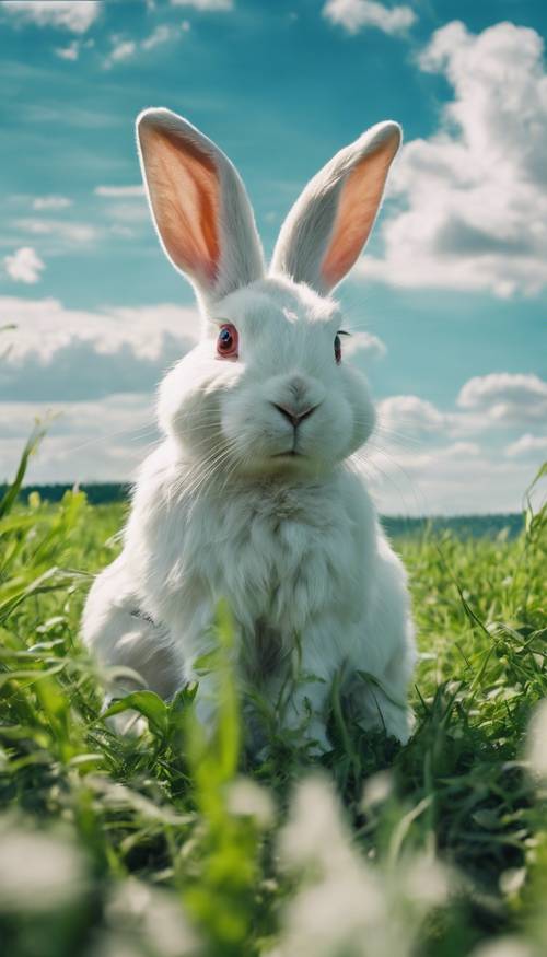 一隻老白兔坐在蔚藍的天空下鬱鬱蔥蔥的綠色田野中。