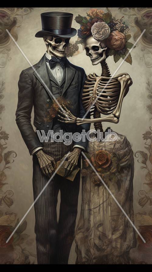 Skeleton in Suit Holding Book with Flowers Background
