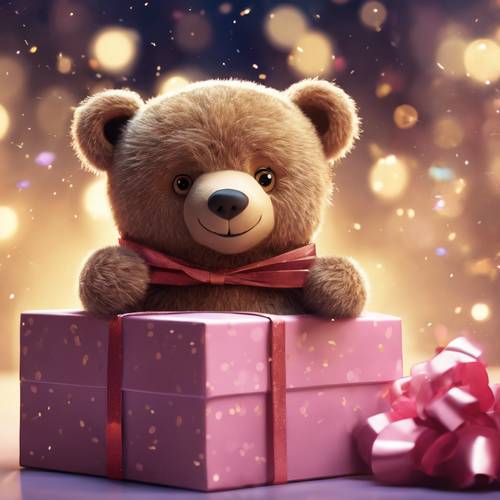 Kartun beruang mengintip dari kotak hadiah ajaib yang diikat dengan pita berkilauan.