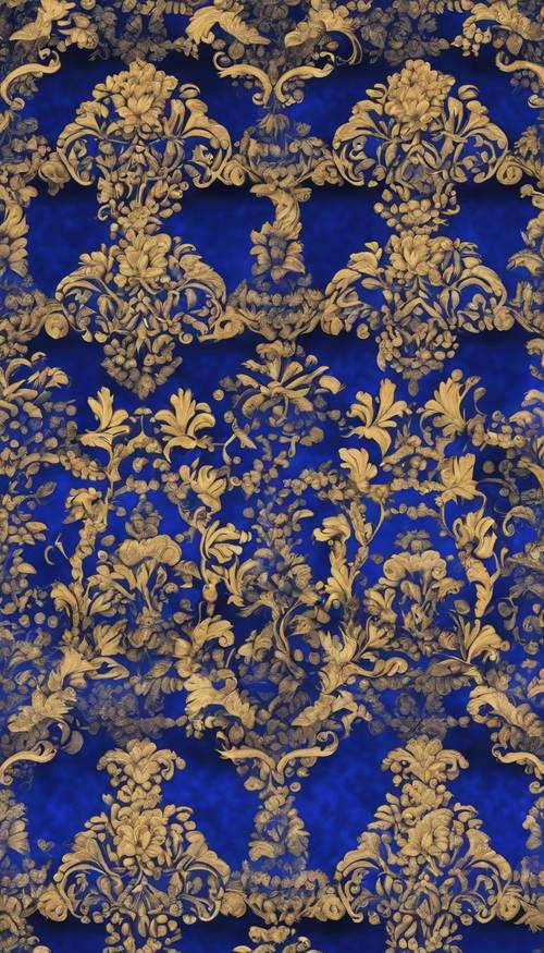 Bogaty, królewski niebieski wzór adamaszku płynnie otacza.