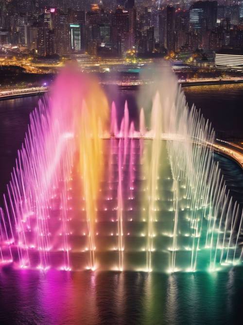 Seoul's romantic Banpo Bridge Rainbow Fountain show at night, with colorful jets of water synchronized to music.