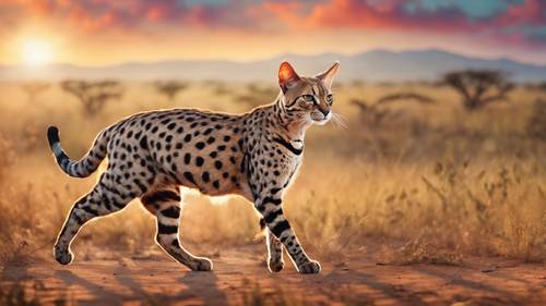 这是由各种纹理的织物制成的拼贴画，描绘了一只斑点萨凡纳猫在黎明时分在色彩斑斓的非洲大草原上腾跃的场景。