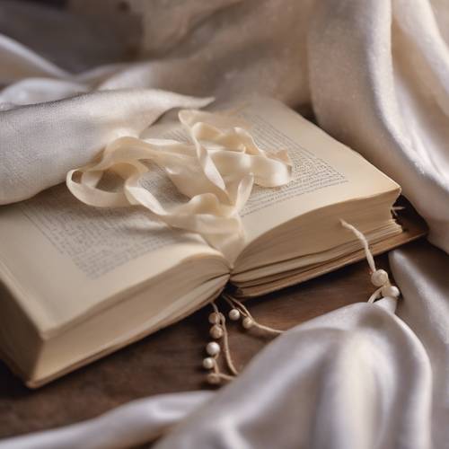 An old book being bound with cream silk fabric.