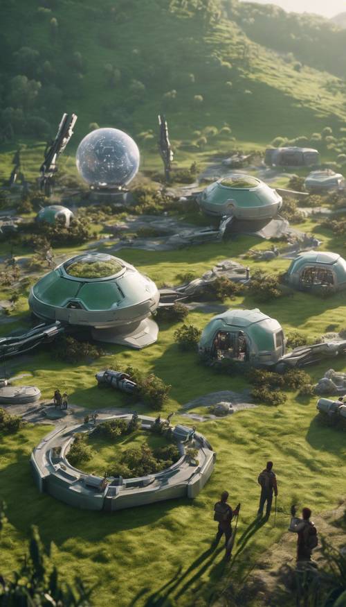 Sci-fi settlers establishing the first human colony on a green planet.