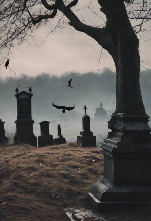 Un paisaje gótico con un cementerio y un cuervo solitario posado sobre una lápida.