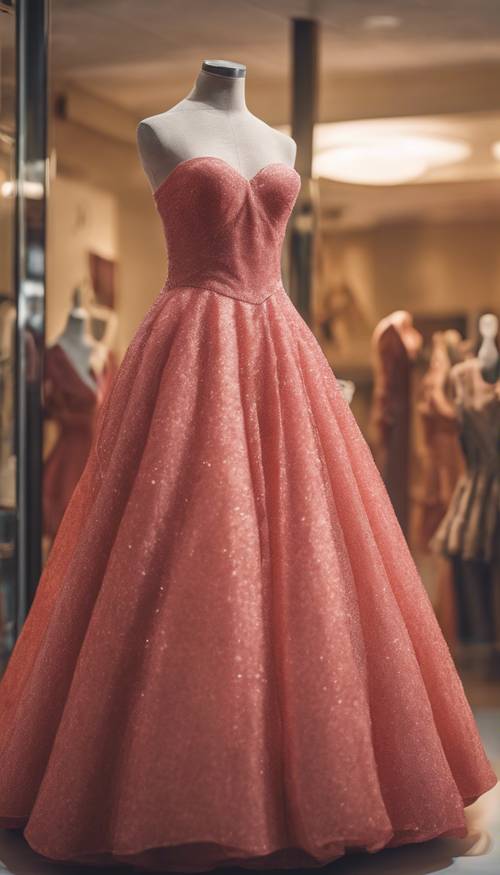 A pastel red ball gown displayed on a mannequin. Tapet [0a6ec01d757f4edb9a8b]