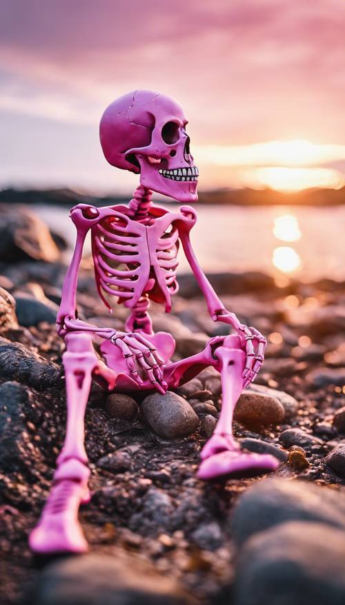 โครงกระดูกสีชมพูนั่งอยู่บนชายหาดหิน จ้องมองพระอาทิตย์ตกดิน