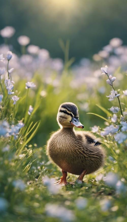 An adorable baby blue mallard duck in the heart of a blossoming spring meadow.